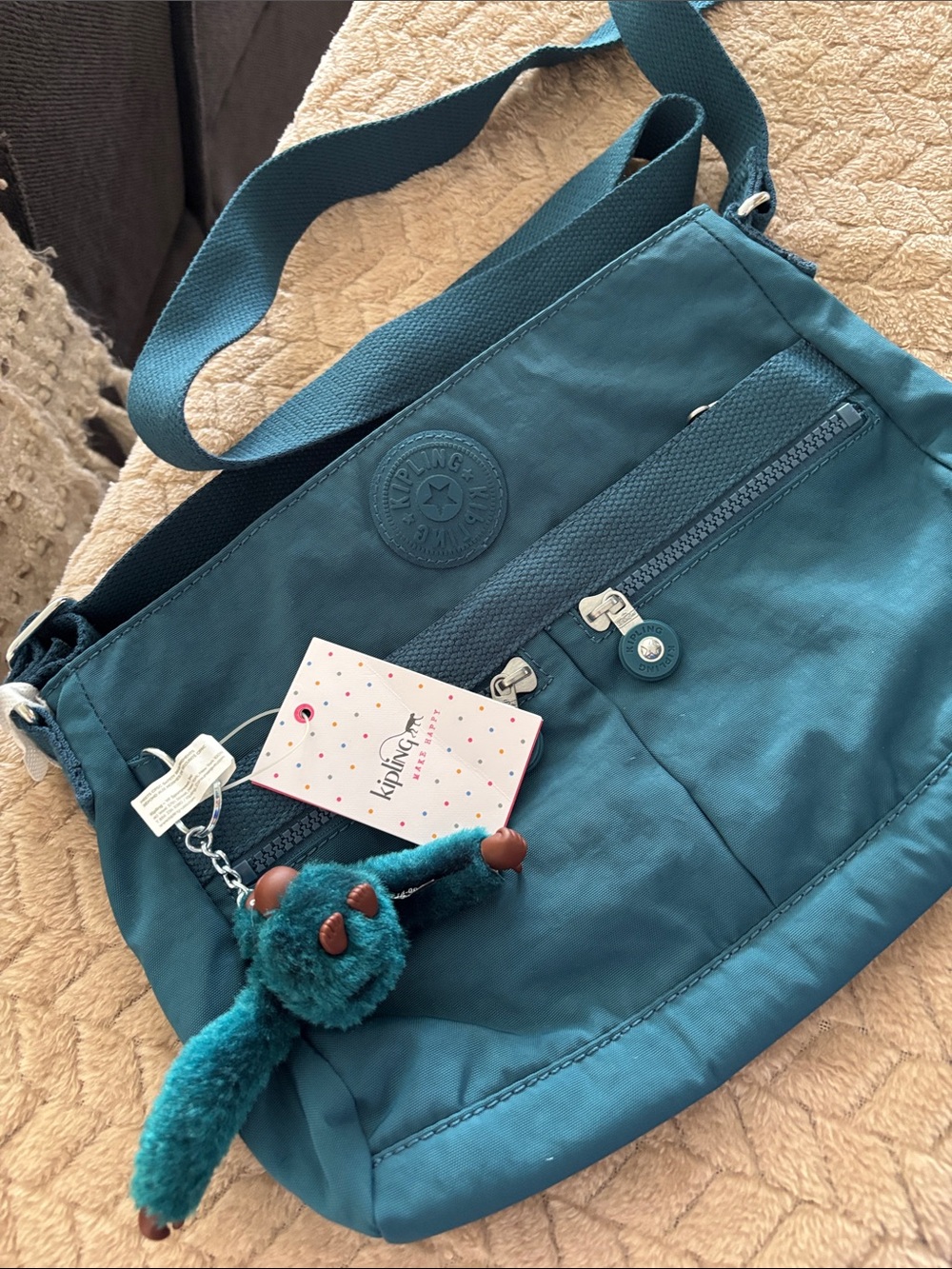 Kipling Teal Blue Crossbody Bag with Plush Monkey Charm